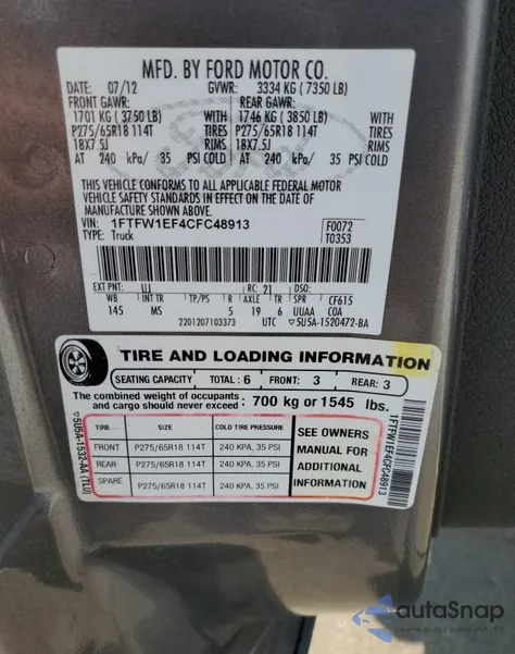 2012 Ford F150 Supercrew from USA, damaged, VIN 1FTFW1EF4CFC48913